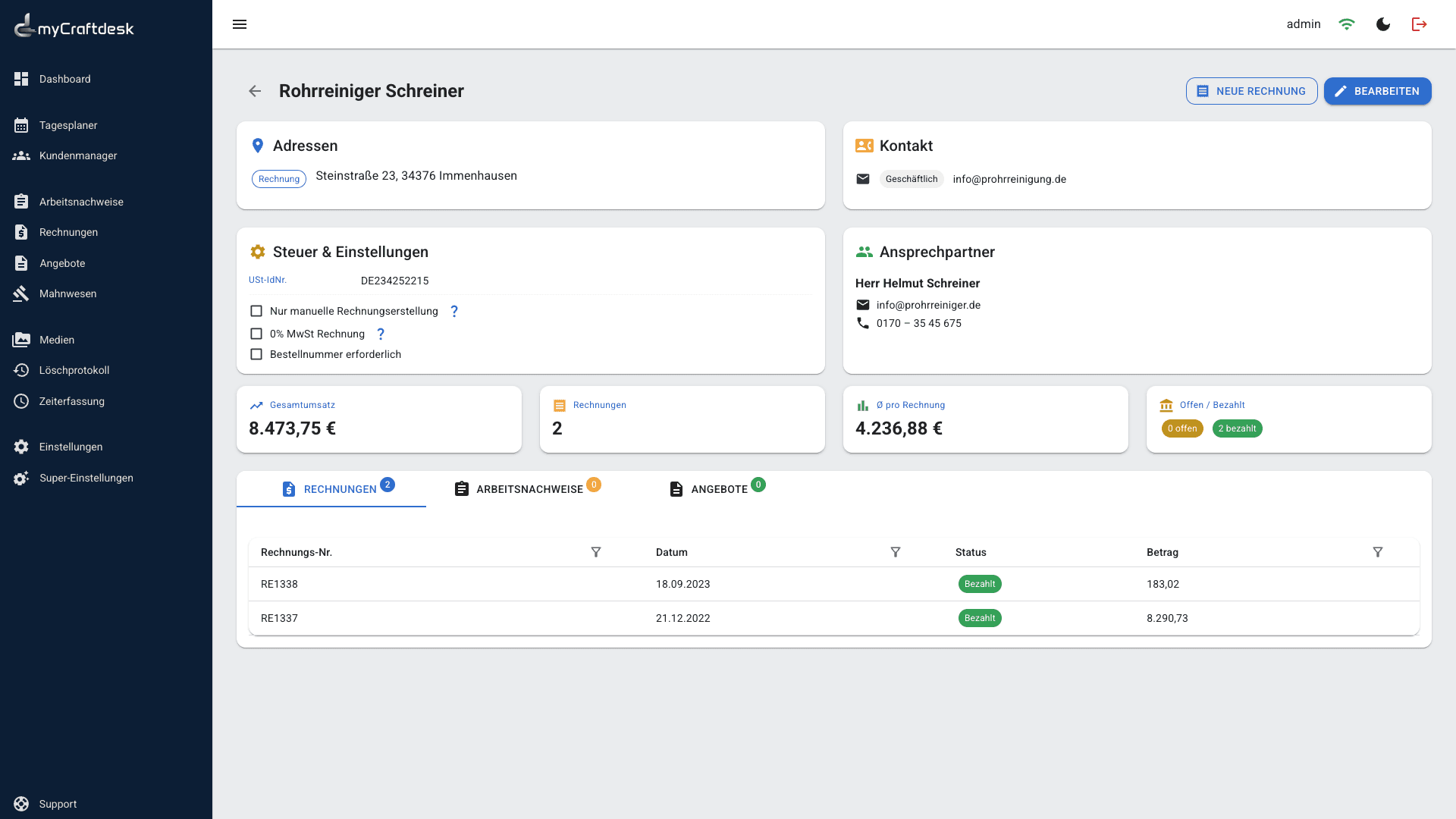 Kundenakte in myCraftdesk mit Adresse, Ansprechpartner, Steuereinstellungen und allen Rechnungen, Arbeitsnachweisen und Angeboten des Kunden